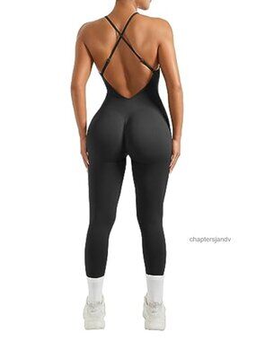 Women Strappy Backless One Piece Jumpsuit Tummy Control Padded Workout Romper
